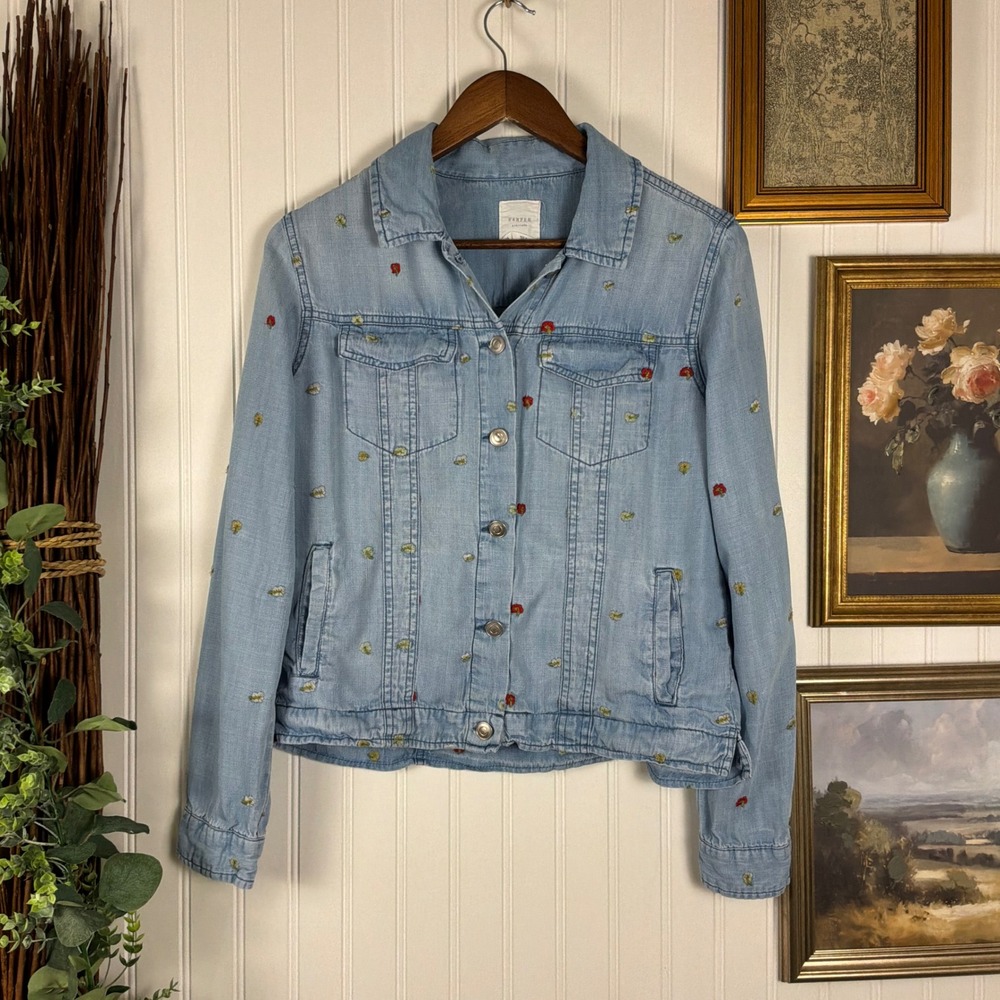 Harper Heritage Denim Jacket Womens M Blue Excellent Embroidered Floral Lyocell